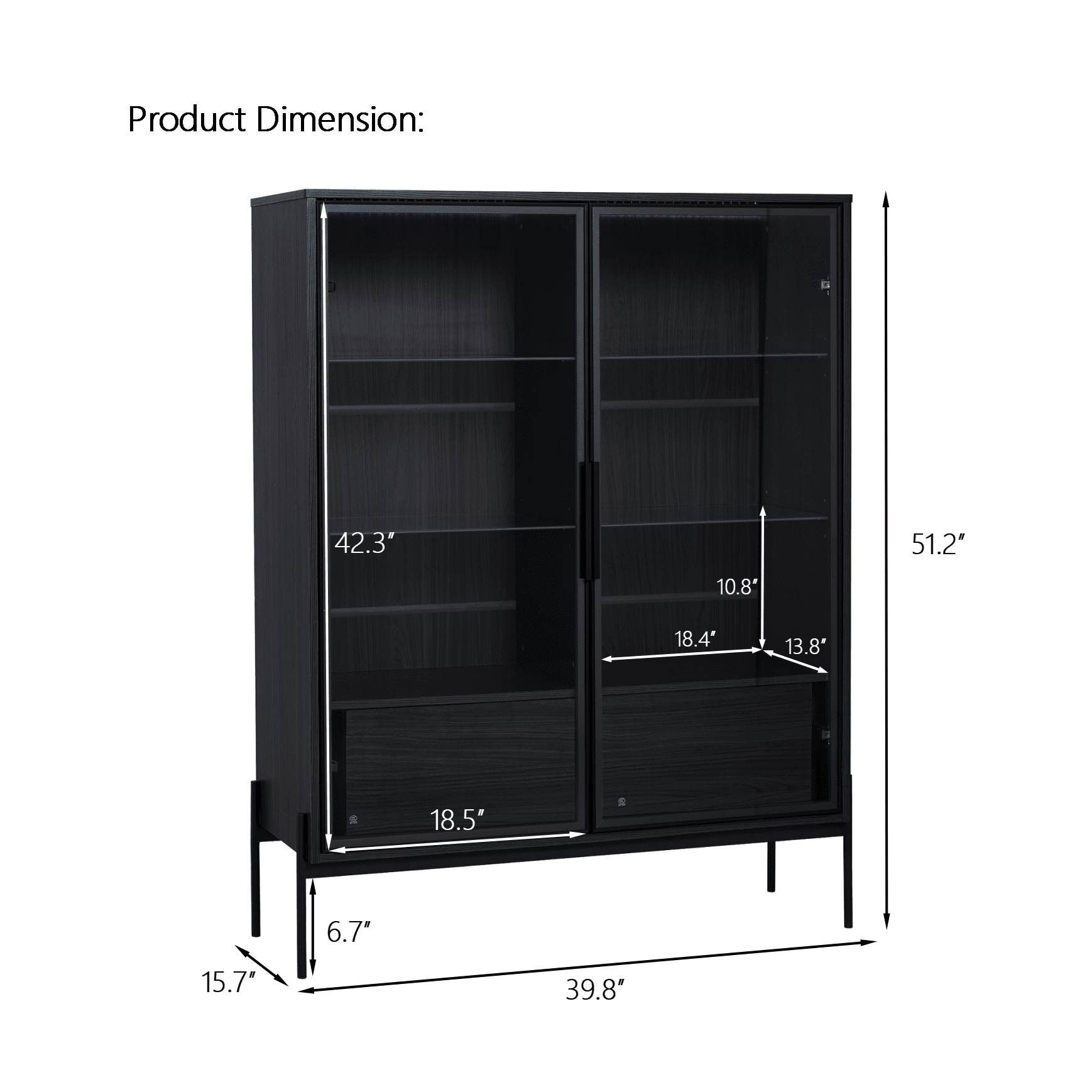 Euroco Modern LED Lighted Glass Display Cabinet with Drawers and Aluminum Frame Doors, 4 Adjustable Glass Shelves, 39.8” Wide Showcase