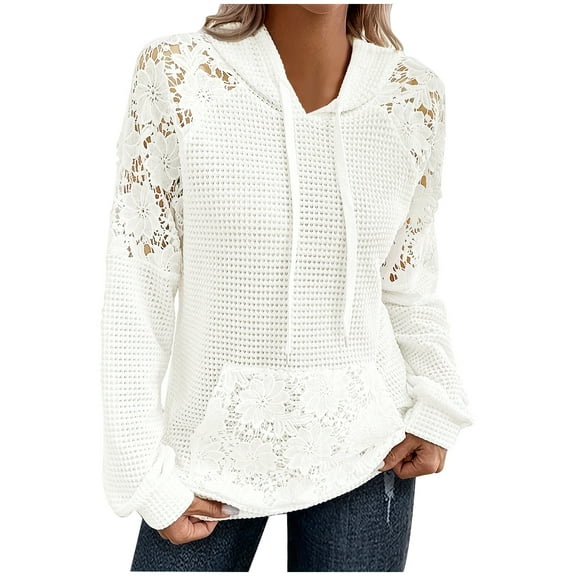 Generic Hollow Out Lace Crochet Long Sleeve Sweatshirt Women Waffle Patchwork Solid Hoodies Fashion Sexy Tops