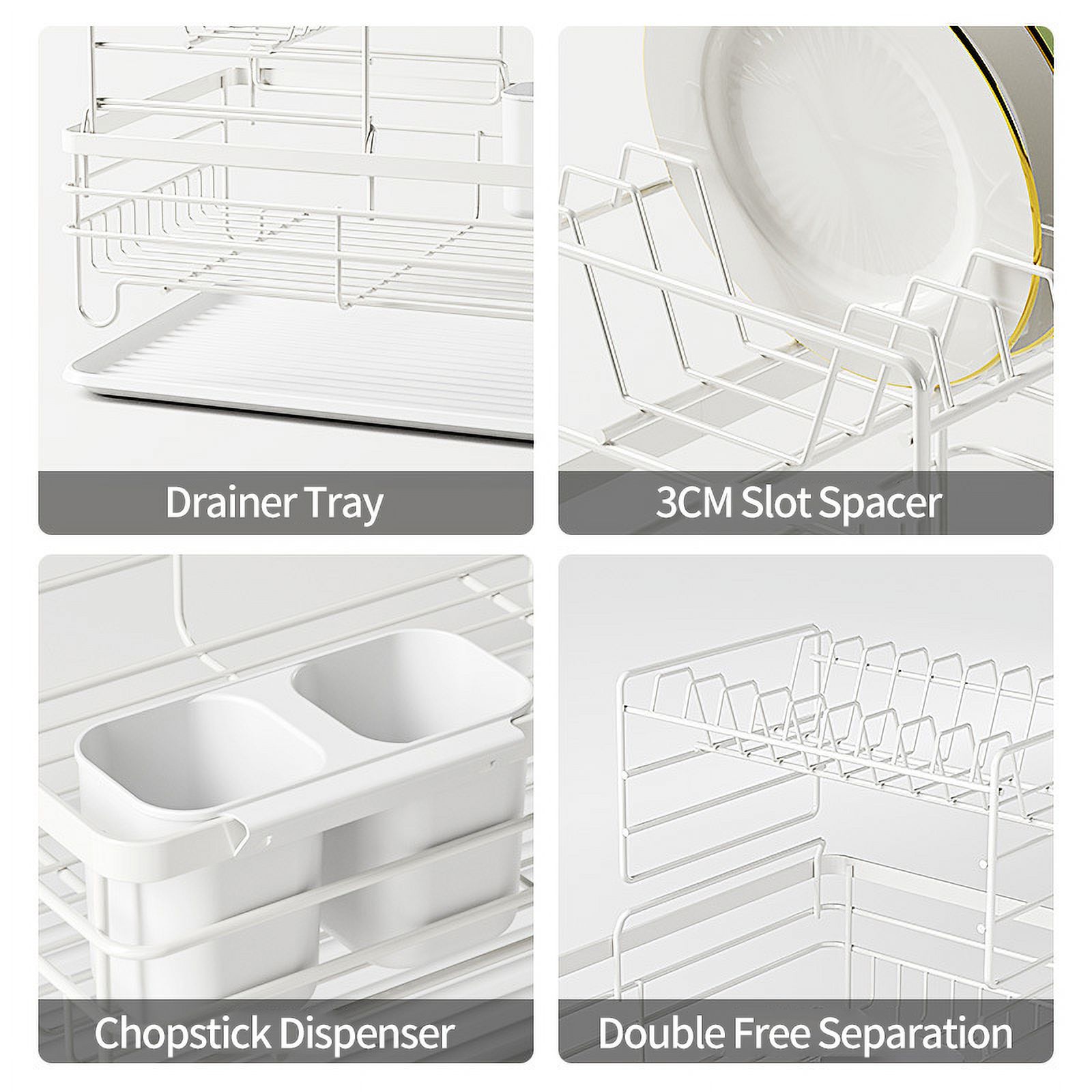 2-Tier Dish Drying Rack with Tray Utensil Holder, Dish Drainer for Kitchen Counter Organizer Storage