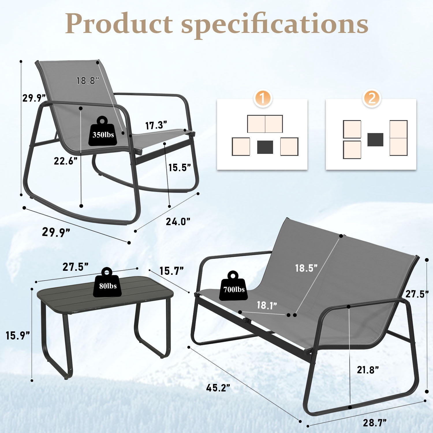 4-Piece Patio Furniture Set, Outdoor Textilene Conversation Set with Rocking Chairs & Loveseat, with Coffee Table for Garden, Balcony, Poolside
