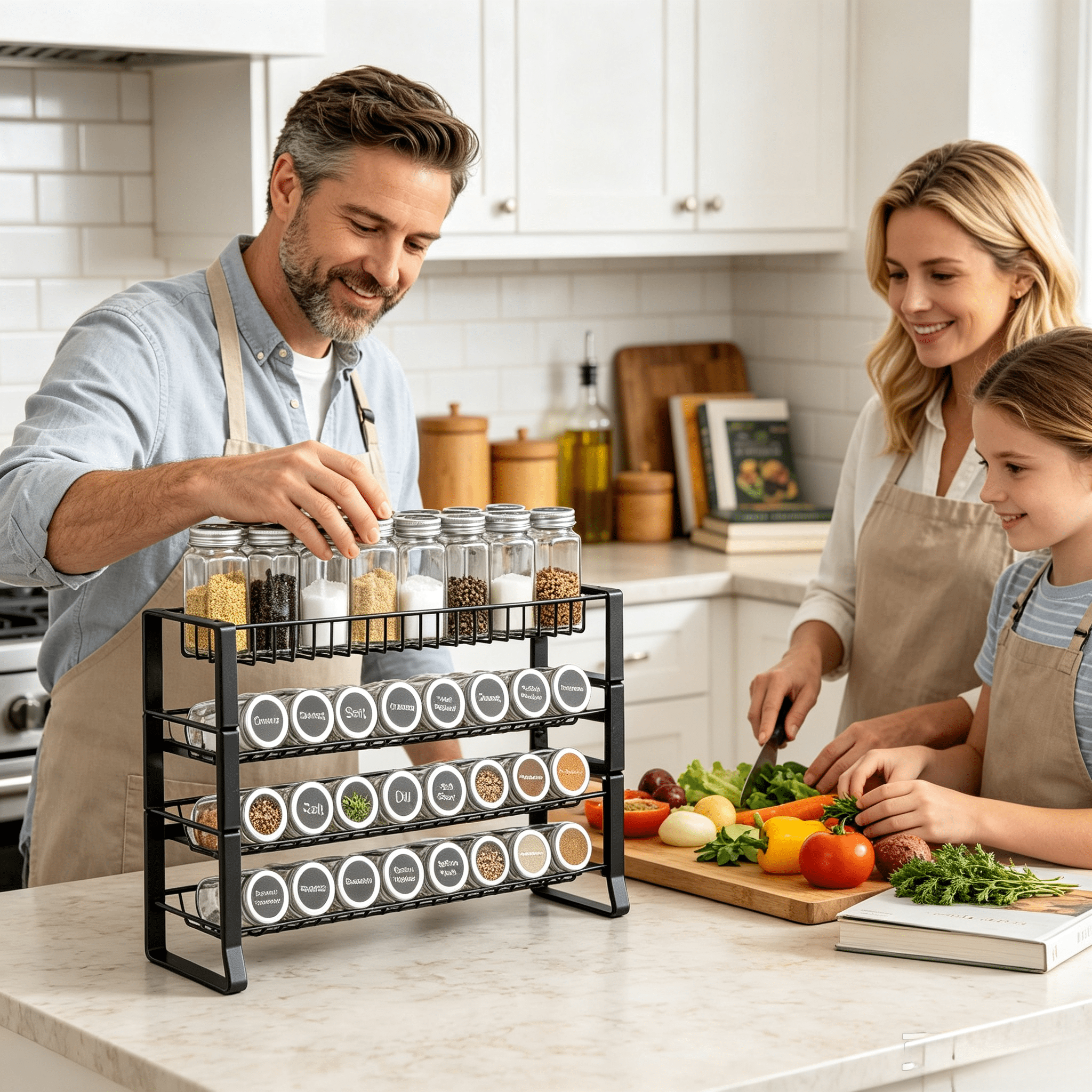 Spice Rack Organizer 2-Tier Main Rack + 2 Single-Tier Racks Stackable Design Countertop or Wall Mount Q195 Steel Frame for Kitchen Storage