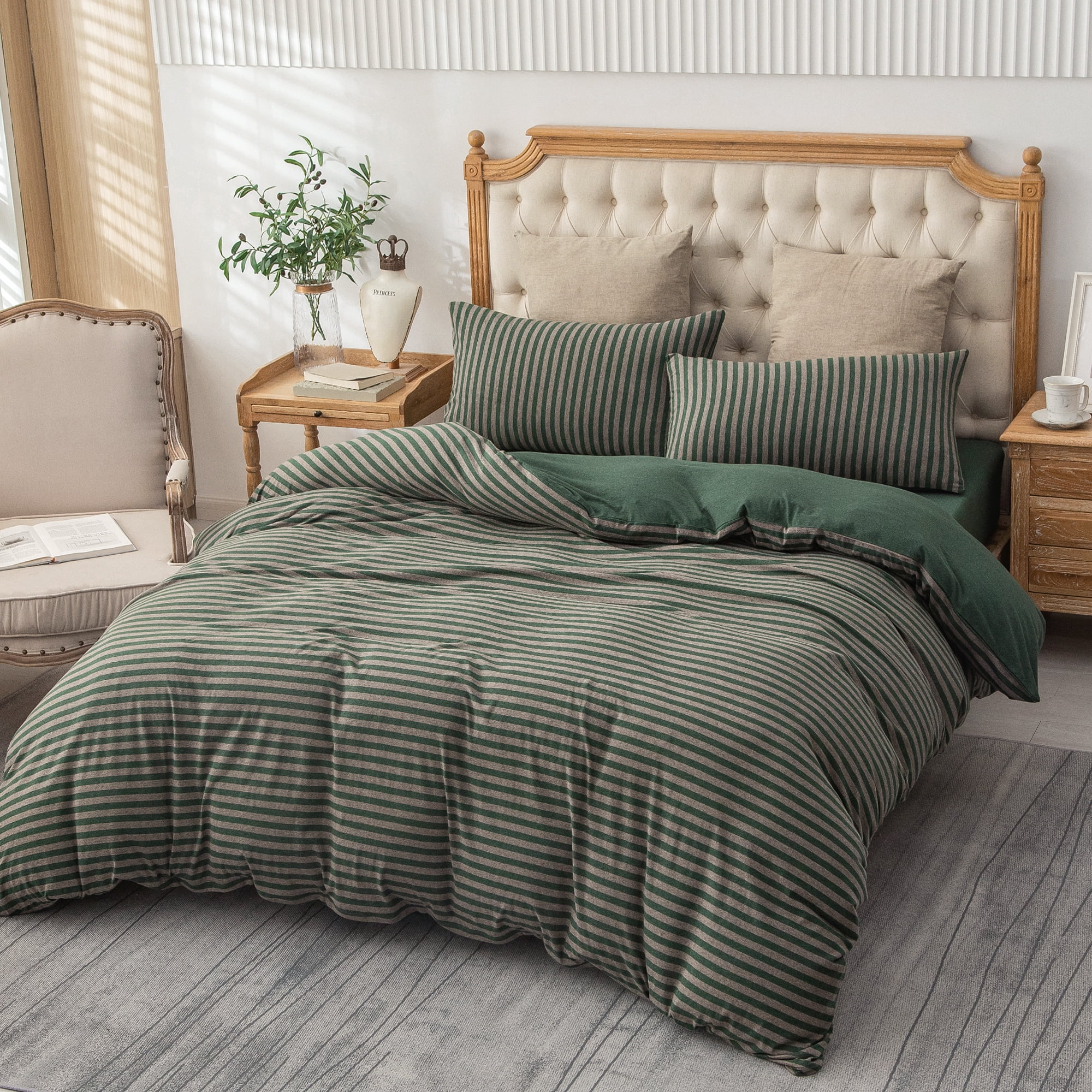 PURE ERA Jersey Knit Solid Duvet Cover Set 100% T-Shirt Cotton Ultra Soft 3Piece Bedding Set(Full Size, Green Stripe)