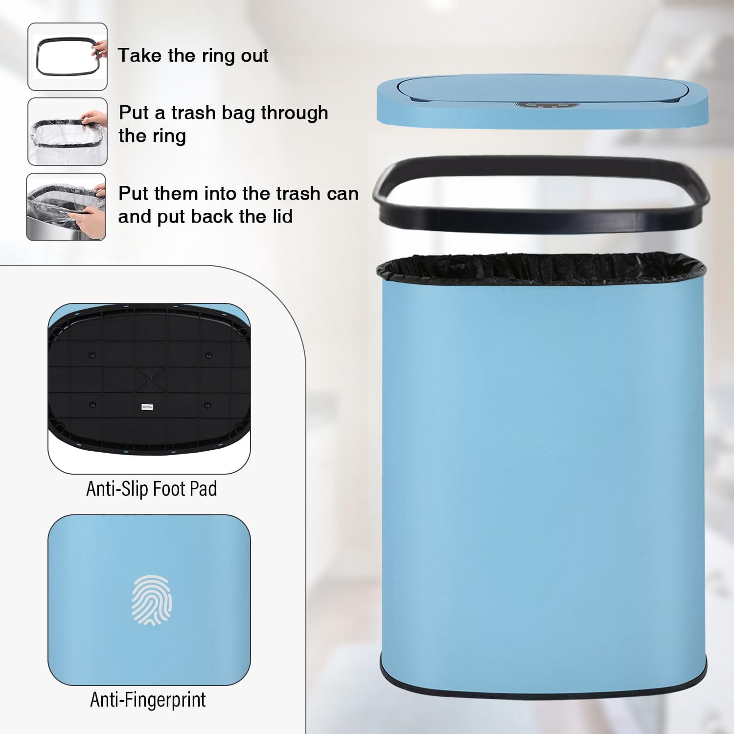 PayLessHere 13Gal Touchless Trash Can - Stainless Steel Auto Lid for Kitchen, Blue