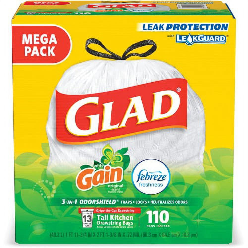 Glad Small Kitchen Drawstring Trash Bags 13 gal - 25.38 ft Width x 33.75 ft Length x 0.72 mil (18 Micron) Thickness - White - 110/Box - Home, Office, Kitchen, Breakroom
