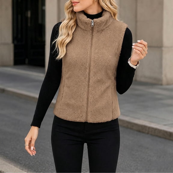 Bzdzmqm Womens Fleece Vest Full Zip Sleeveless Jacket Stand Collar Solid Cozy Warm Fall Winter Outdoor Work Daily Wear Outfits, Brown 2XL