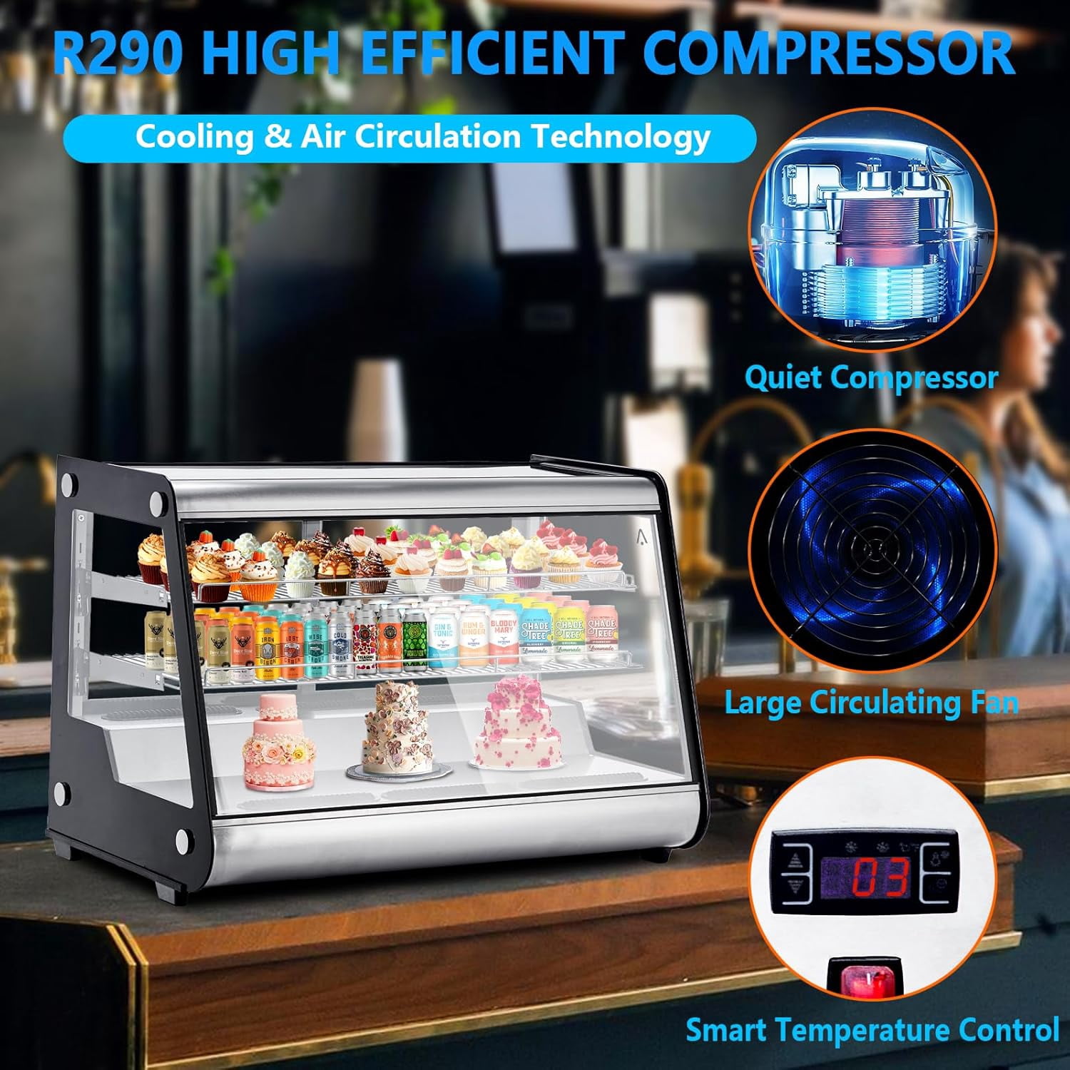 IdealHouse Commercial Cake Display Refrigerator, 6.5 Cu.Ft Merchandiser Fridge with LED Lighting, Double-Layered Glass Door, Universal Wheels, Countertop or Floor Showcase, Ideal for Restaurant