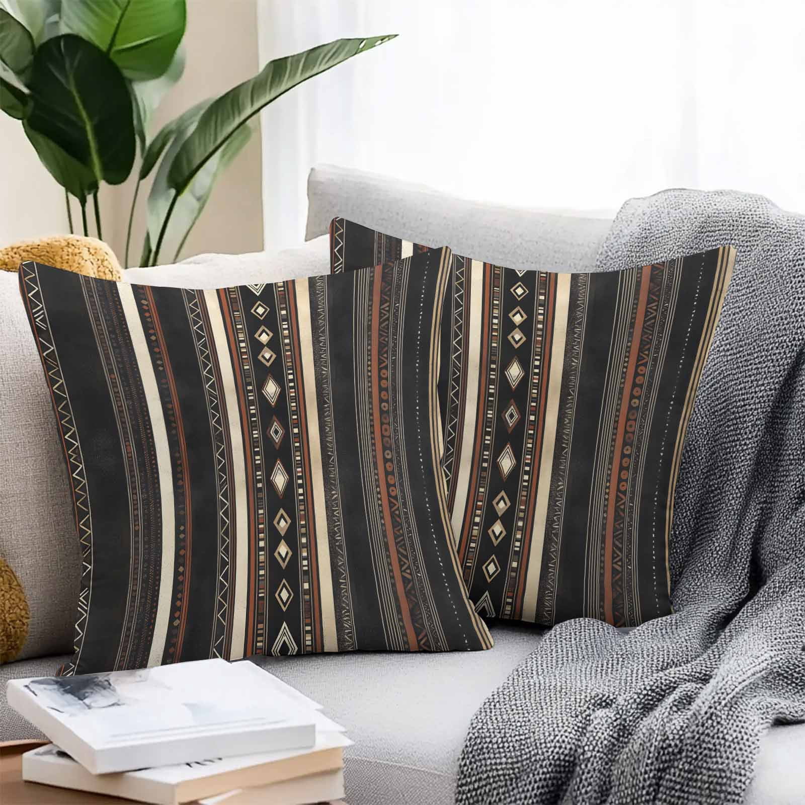 Waterproof Throw Pillow Covers Set of 2, 18x18 Inch Black Beige Boho Decorative Pillowcases Outdoor Pillow Slip Cushion Covers Set for Couch Tent Vintage Abstract Geometric Ethnic