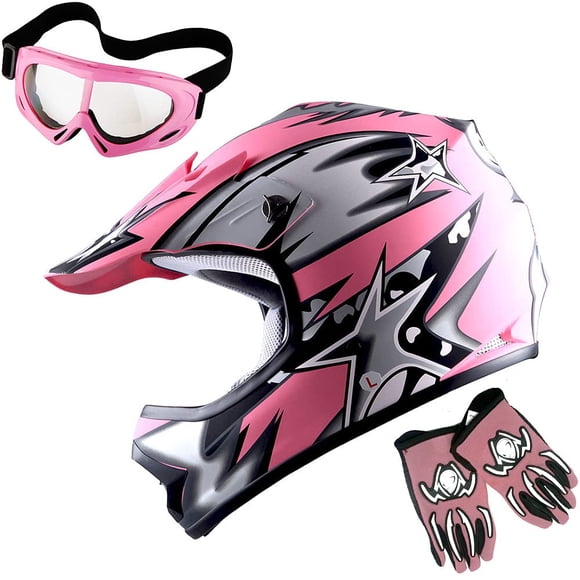 Casco de motocross 1Storm Matt Star Pink Youth con gafas y guantes