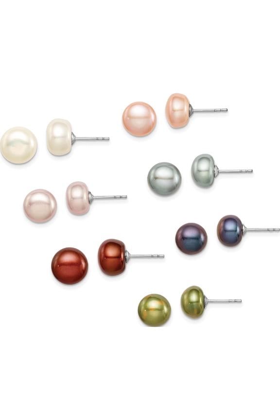 Sterling Silver Rhodium-Plated 7 Pairs 8-9mm Fwc Pearl Stud Ear Set Made In Canada qe12886set