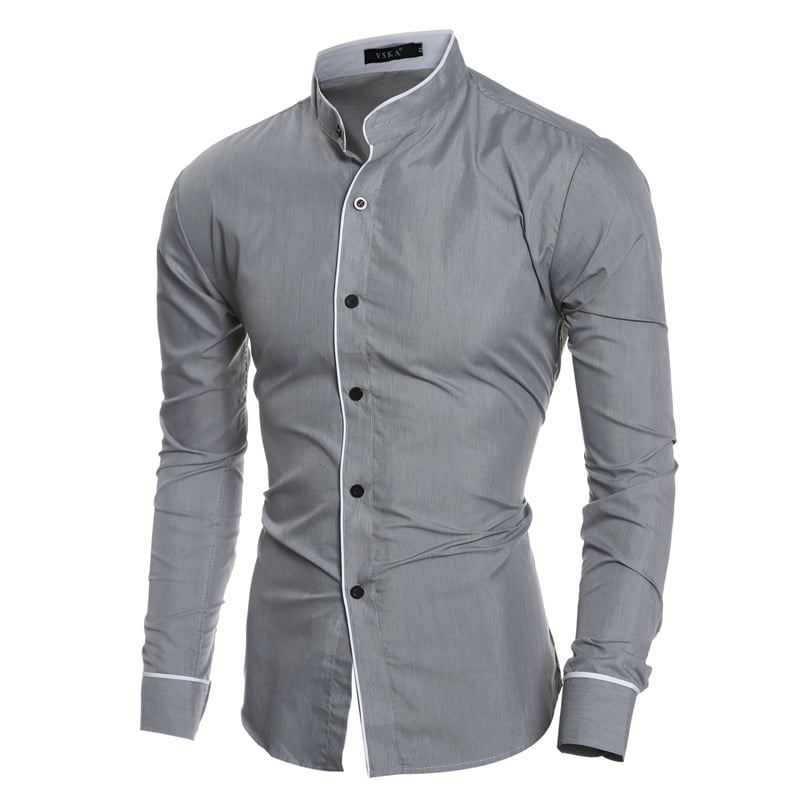 Men's Stand Collar Shirts Slim Fit Button Down Dress Formal Casual T-shirt Tops 