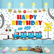 Train Theme Happy Birthday Banner Backdrop Train Party Decorations for Boy Girl Kid Train Birthday Party Supplies Railroad Train Crossing Themed Party Backdrop Background Decorations