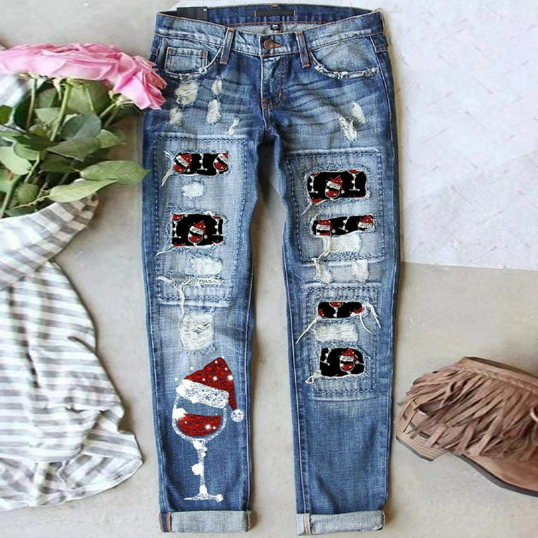 Latest 2024 model Women s Jeans Women s Autumn And Winter Christmas New Direction on Pants Jeans Printed Hole Thickened Trousers Two Chicks Leggings Size Denim Women Jean Jumper Pants No Kvetching Wal...