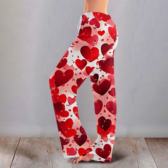 Iaqnaocc Valentine's Day pants for women Fancy Love Heart Print Pj Bottoms Loose Fit Pants Fashion Holiday Party Drawstring Elastic Waist Trousers Pink M