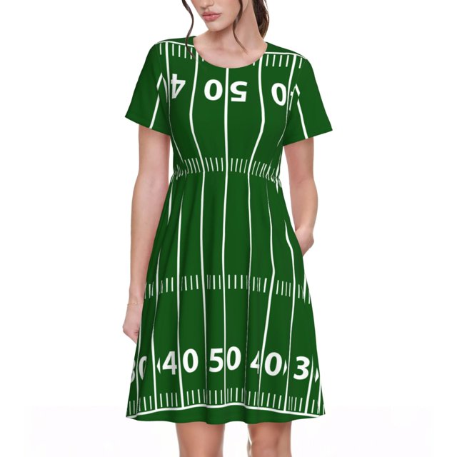 Easygdp American Football Field1 para Vestido Transpirable de Mujer, Vestido Suelto de Manga Corta con Pliegues y Bolsillos para el Verano