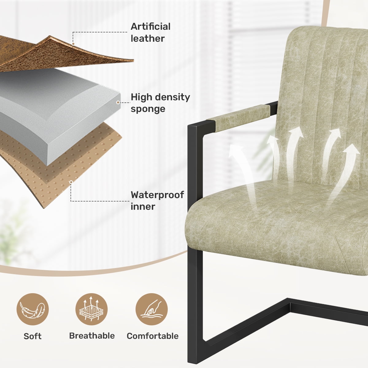 Faux Leather Dining Chairs Set of 2,Upholstered Art Accent Chair with Metal Legs and Padded Seat,Beige