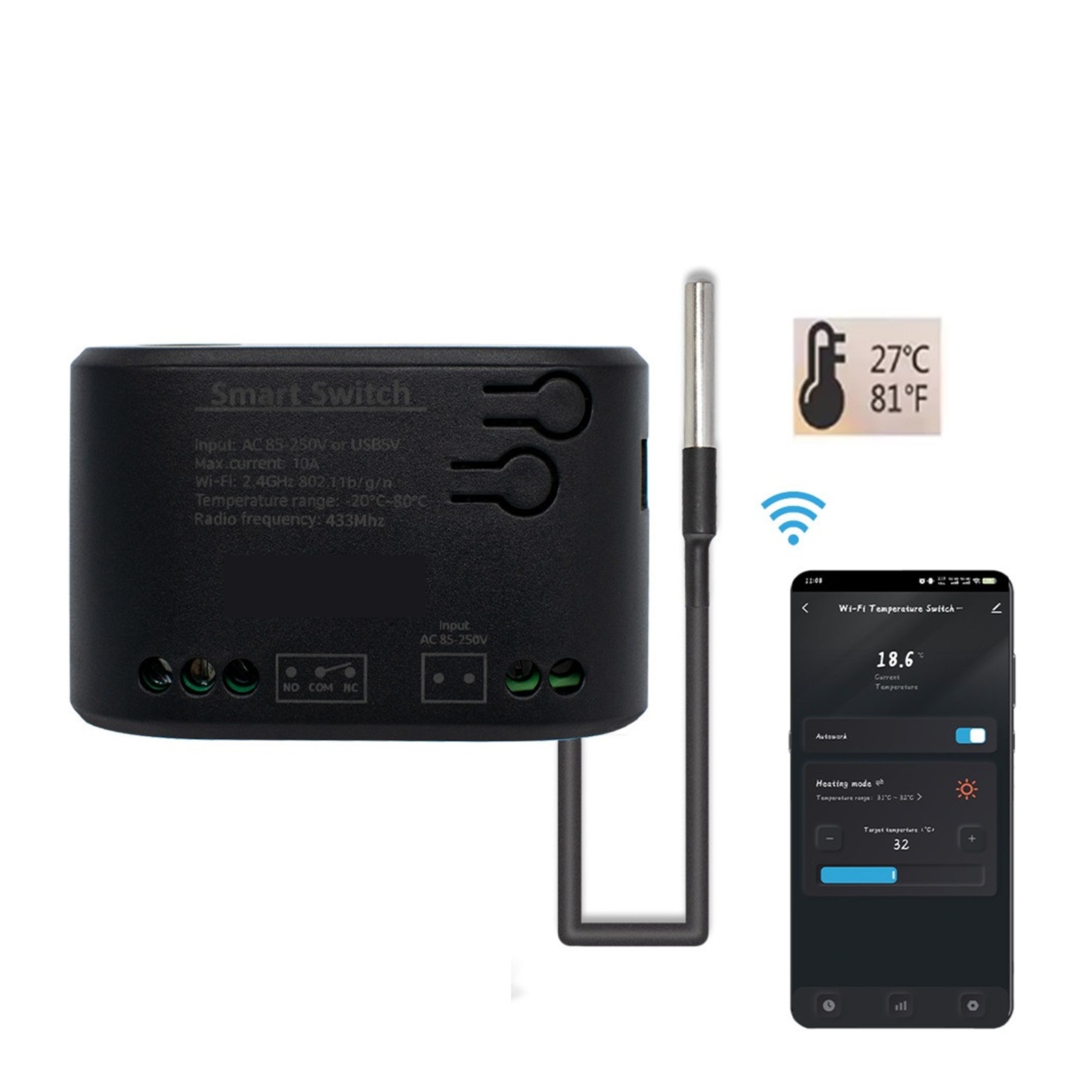 Smart Temperature Switch 85-250V Passive Dry Contact WiFi Temperature Monitoring Thermostat Sensor ,High Compatibility