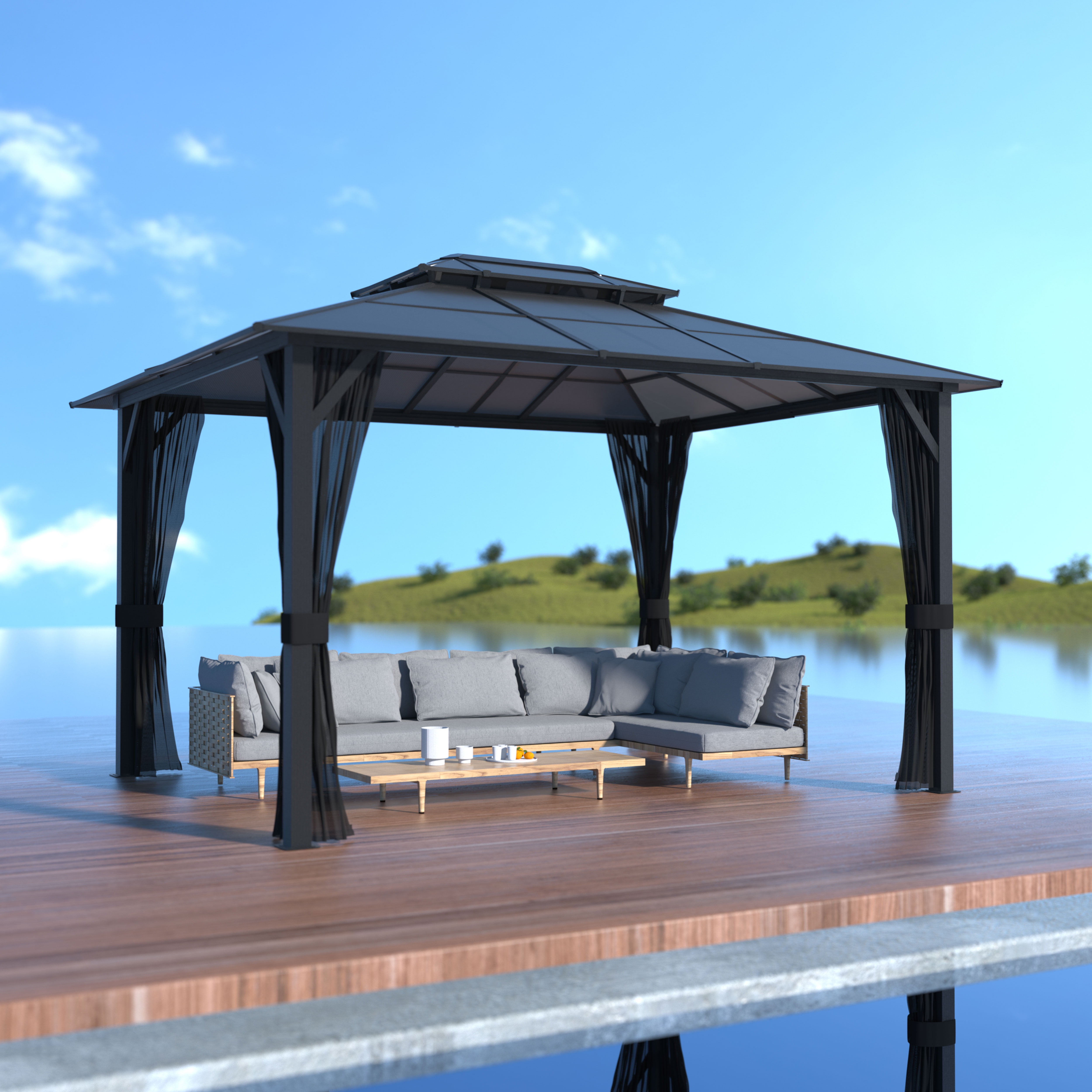 VEIKOUS 10ft x 13ft Outdoor Double Roof Gazebo, Aluminum Frame Permanent Pergola for Garden Patio Lawns Parties