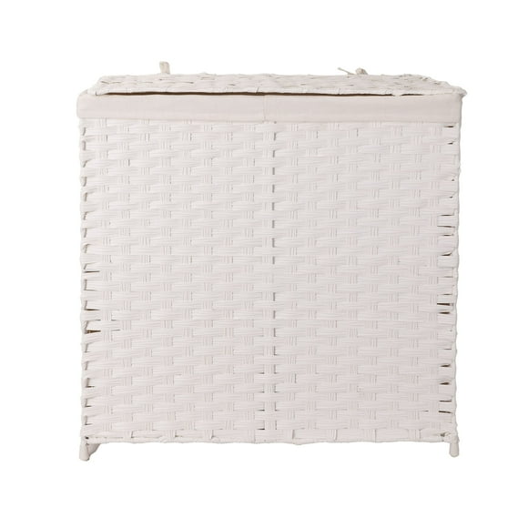 Cesto de Lavandería de 110L con Bolsa Dividida y Tapa de Ratán Sintético, Canasta Plegable para Ropa Sucia (Blanco)