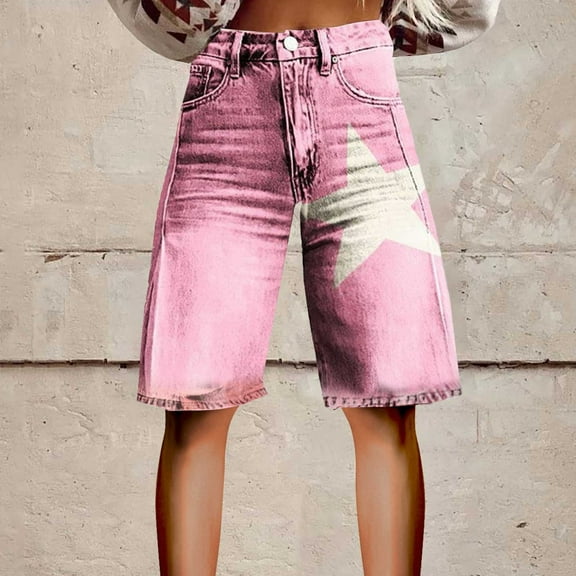 Stephy Flare Denim Shorts for Women Wide Leg Denim Shorts Woman Vintage Floral Print High Waisted Straight Stretch Pants with Pockets, Pink, 4XL