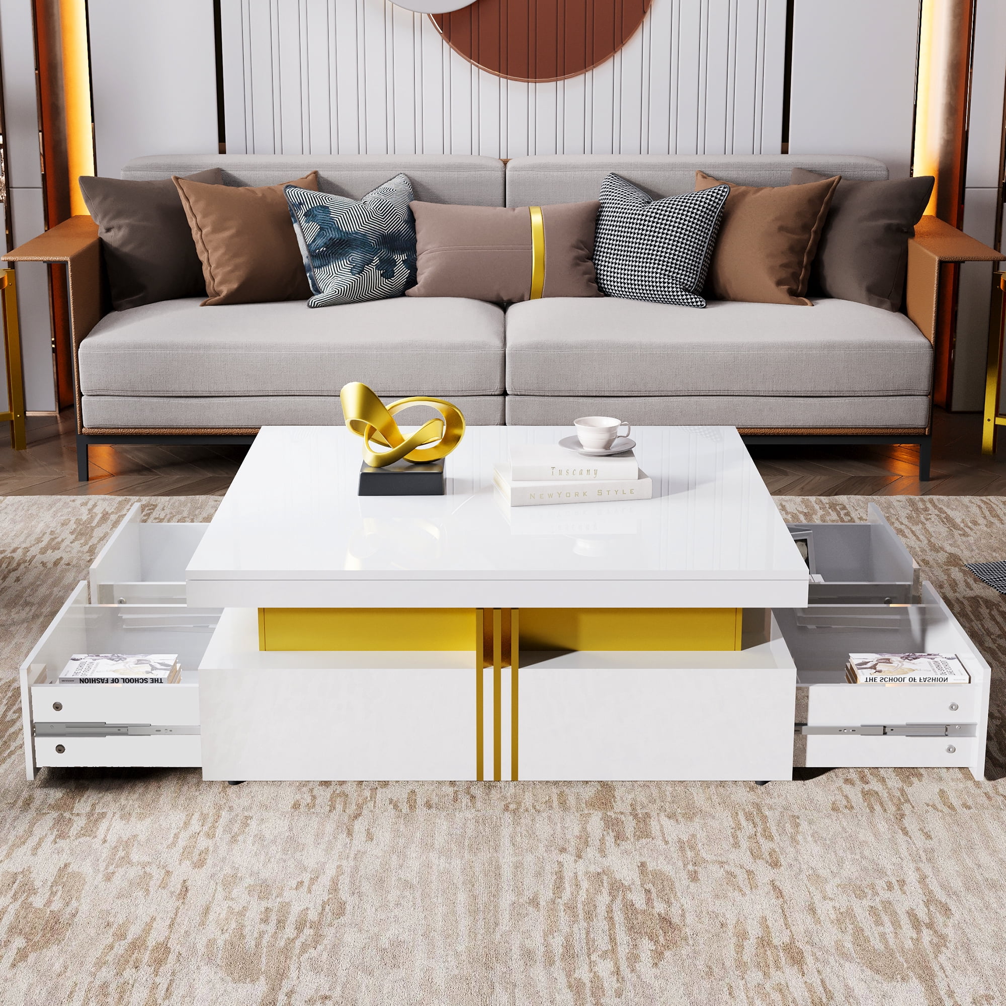 Euroco Modern Glossy Square Storage Coffee Table with 4 Drawers, 43.3", White