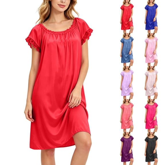 Naittoop Womens Satin Ruffle Sleeve Nightgown Loose Fit Round Neck Silk Feel Sleep Dress Casual Comfy Soft House Dress Plus Size Loungewear