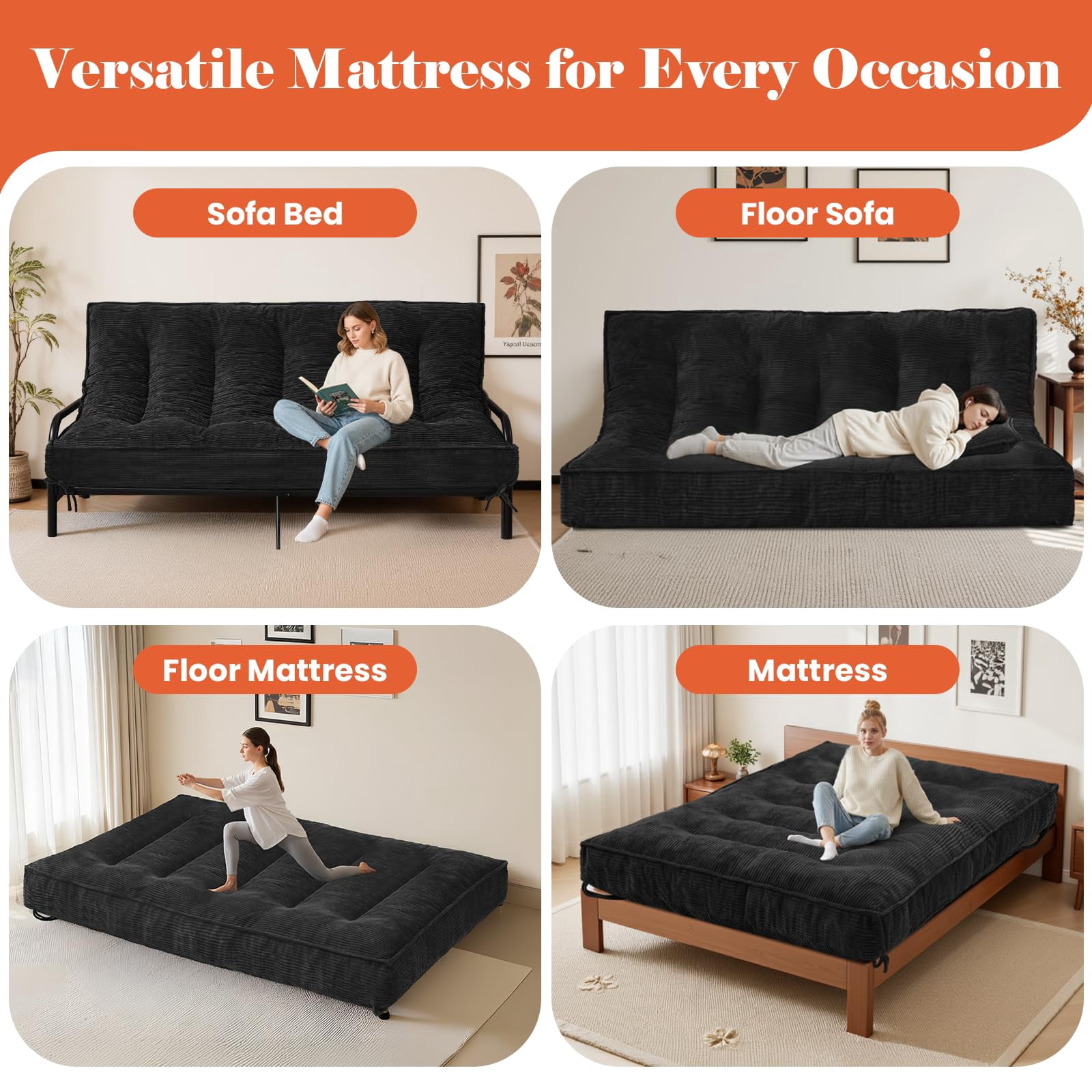 8 Inch Futon Mattress Full Size, Futon Floor Sofa Bed Foldable with Soft Corduroy Fabric  - 2 Storage Straps for Home, Guest Room, Dorm(Frame Not Included)