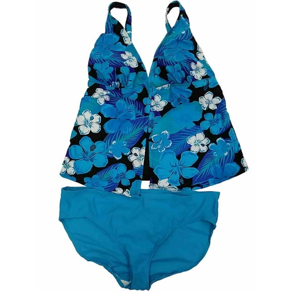 Womens Blue White Hibiscus Floral Flower 2 Piece Swimming Suit Tankini Set 16