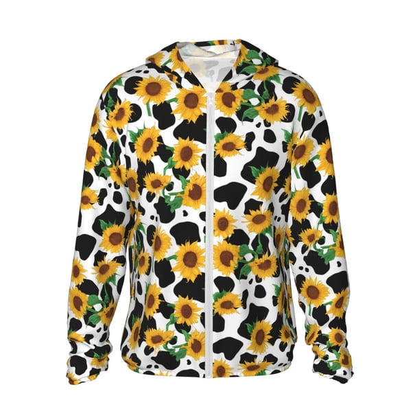 Fotbe Cute Cow Print Sunflower C Chaqueta con Protección Solar UPF 50+ para Hombre y Mujer, Camisa con Capucha y Bolsillos-Small