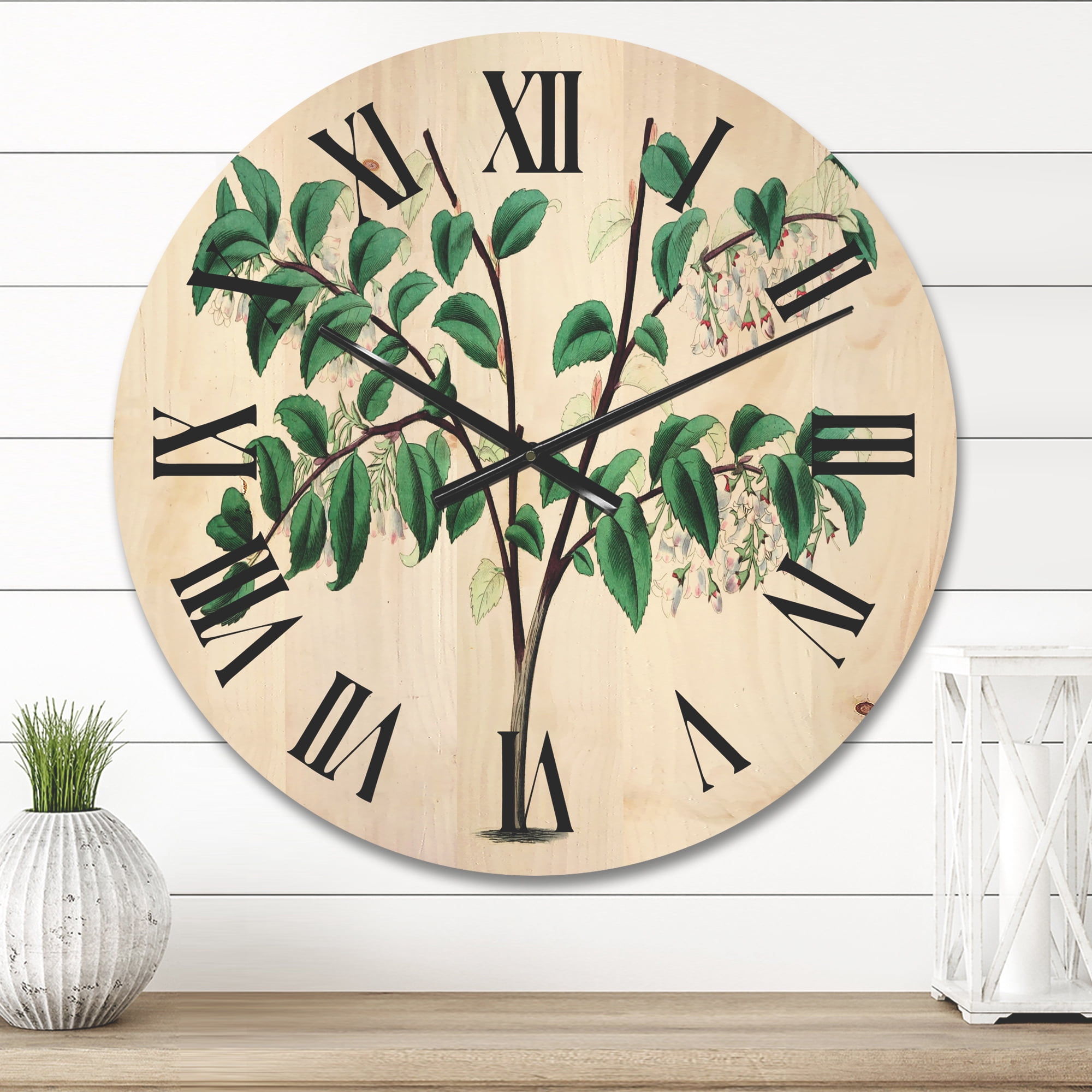 Designart 'Ancient Green Leaves Plants I' Traditional Wood Wall Clock