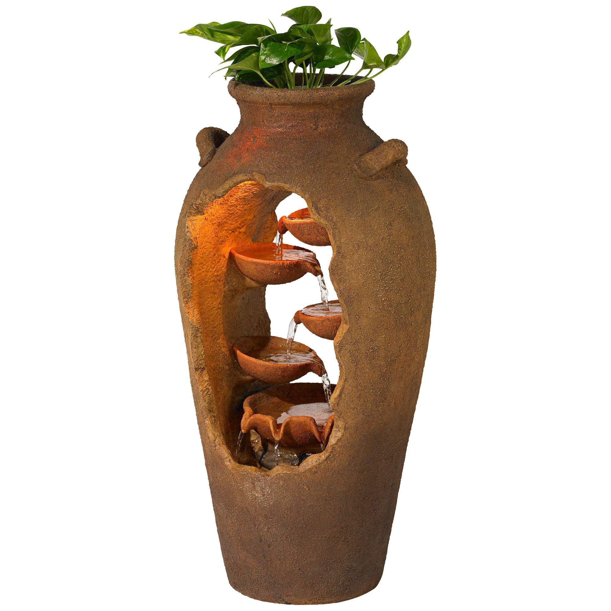 Nathan Cascade 33" High Large Rustic Outdoor Decor Faux Stone Floor Fountain with Light LED Urn with Planter