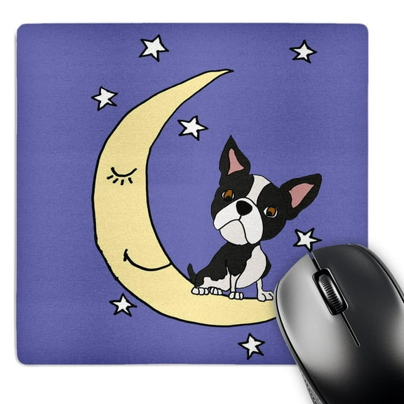 3dRose, Funny Cute Boston Terrier Dog sitting on Moon Cartoon, MousePad