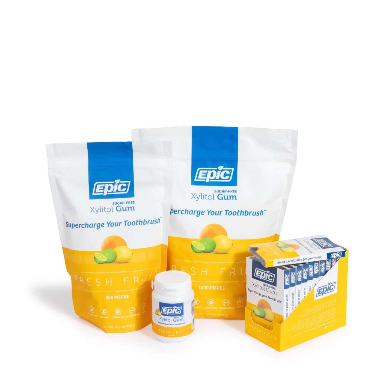 Epic Xylitol Chewing Gum - Sugar Free & Aspartame Free Chewing Gum Sweetened w/Xylitol for Dry Mouth & Gum Health (Fresh Fruit, 500-Piece Bag, 1 Bag)