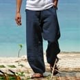 thumbnail image 2 of Dagegui Mens Hawaiian Linen Pants Drawstring Elastic Waist Wide Leg Beach Pant Summer Casual Loose Fit Trousers with Pocket Navy XL, 2 of 3
