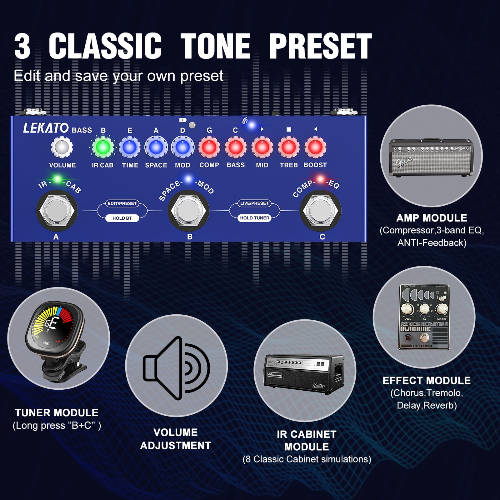 LEKATO Bass Multi Effects Pedal, Guiter Peda with IR Loading 9 AMP Models, Delay Reverb Chorus, Multi Effects Processor for Bass, Bluetooth 5.0,Recording, Built-in Battery