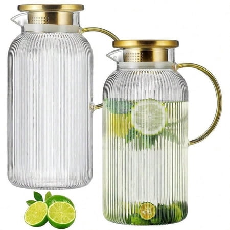 WFPXAMLZZMD 2Pcs 50oz Striped Heat Resistant Glass Carafe Set With Lid, Premium Multi-Drink Storage Pitcher, Water & Iced Tea Beverage Dispenser, Holiday Gift for Coffee and Tea Enthusiasts