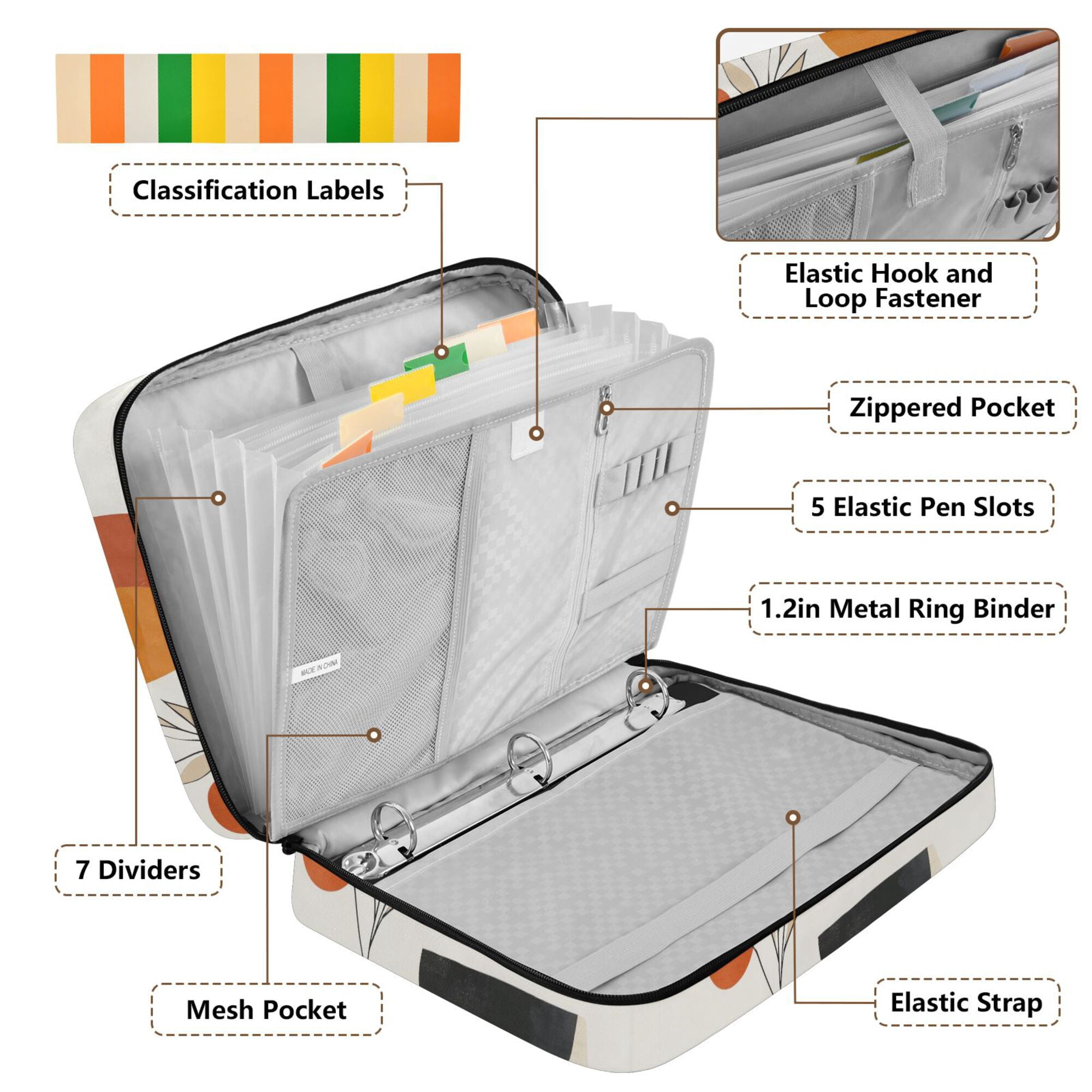 FORMRS Accordion File Folder A4 Size 7-Pocket Expanding Document Organizer Bag with 3 Ring Binder, White Abstract Shapes