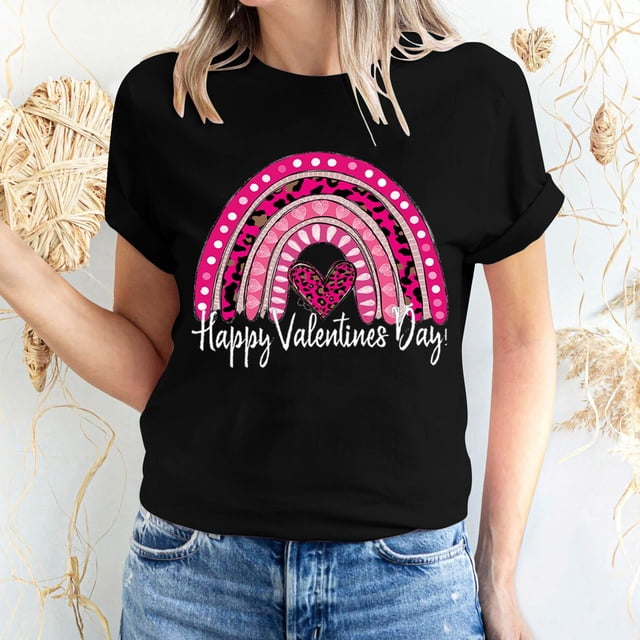 Meichang Hauts pour Femmes Chemise Tendance de la Saint-Valentin Hauts Mignons Imprimé Cœur Hauts de Vacances Manches Courtes Col Rond Décontracté Chandail Blouses