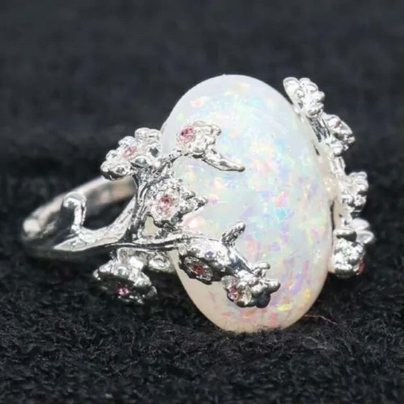 HOOUN Fire Opal Plum Flower Ring Silvery Wedding Party Jewelry Women Gift Size 6-11-01#-8