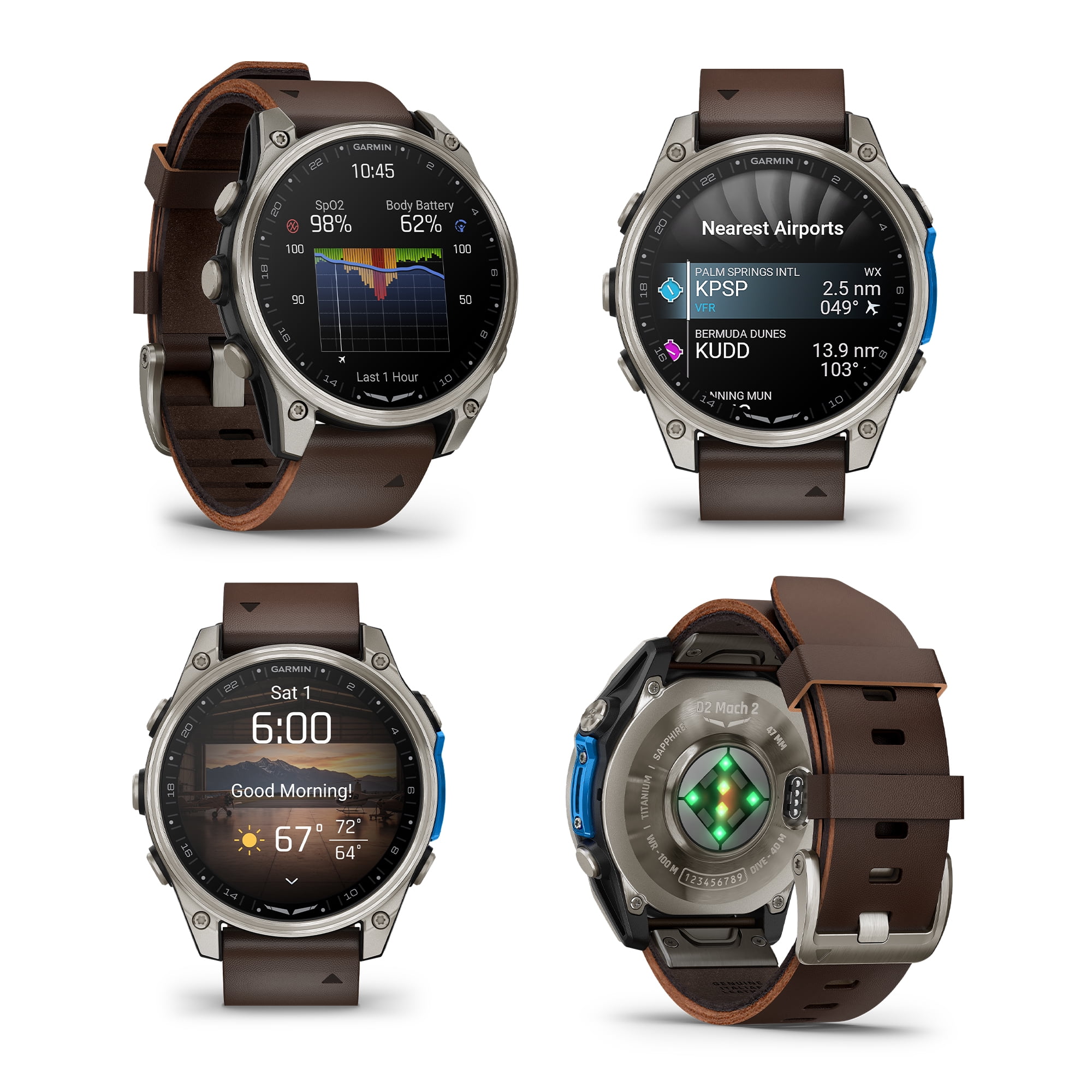 Garmin D2 Mach 2 Aviator Smartwatch, 47mm AMOLED Touchscreen, GPS Moving Map with Aviation Weather, Built-In Flashlight, Oxford Brown Leather Band Bundle