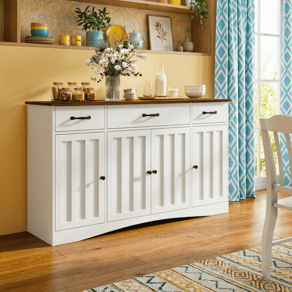 Storage Buffet Side Cabinet Contemporary Kitchen Coffee Station Wooden Cabinet with Drawers & Cupboards 15.2" D x 55.1" W x 31.9" H Retro