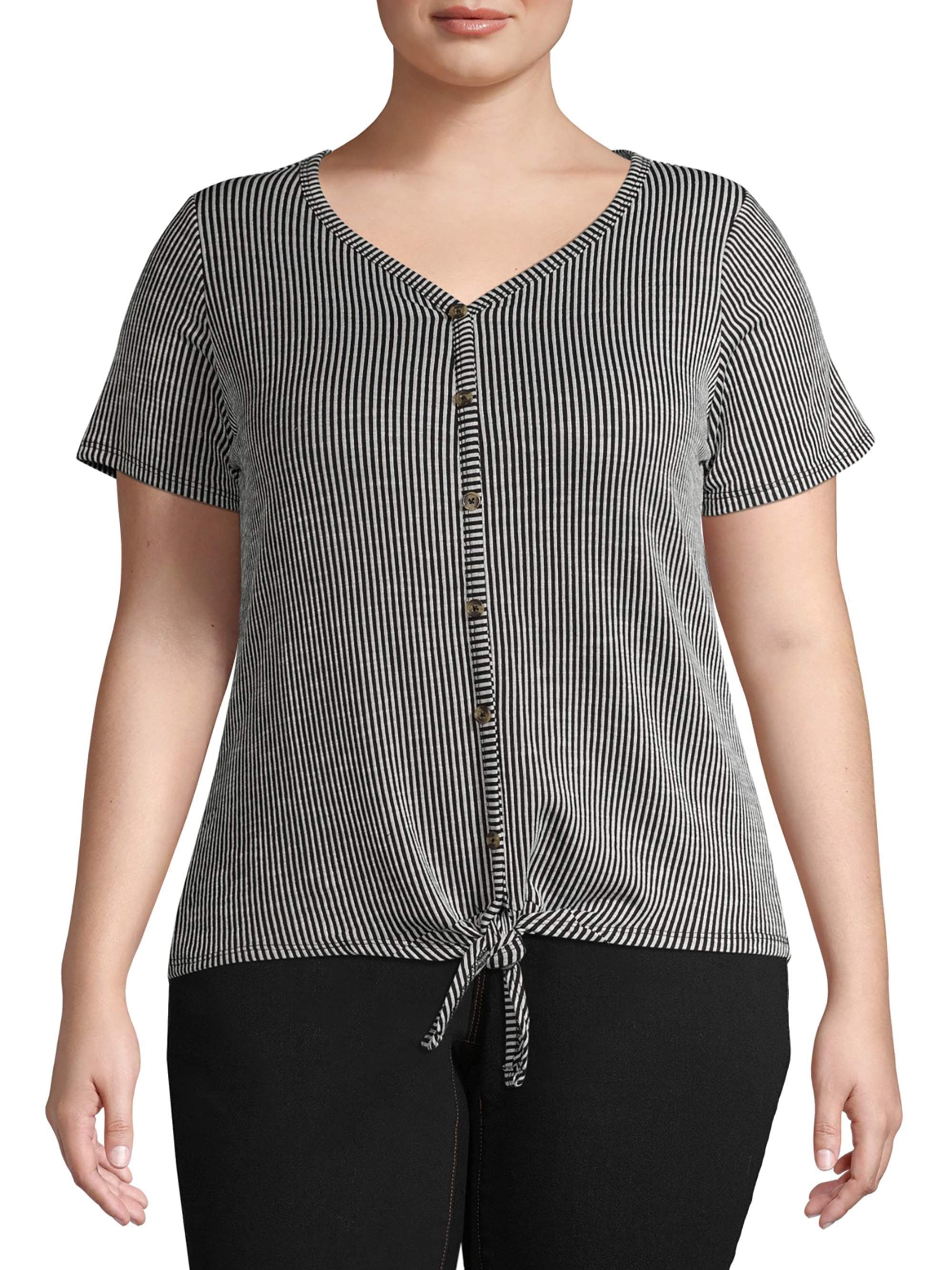 New York Laundry Women's Plus Size Ribbed Button Down Tie-Front T-Shirt ...