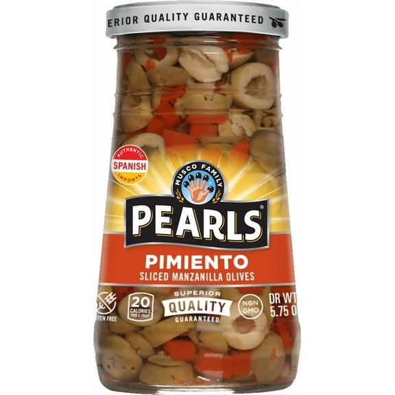 Pearls Manzanilla Olives, Pimiento Sliced, 5.75 oz Jar. Major Allergens Not Contained.