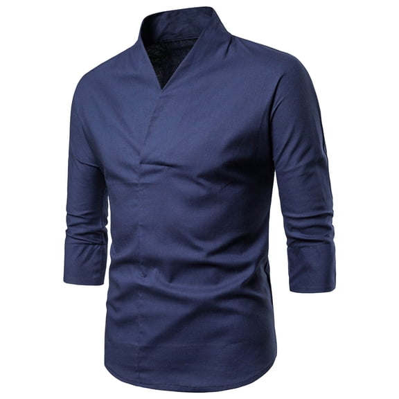 Dagegui Men's 3/4 Sleeve Shirts Cotton Linen V-Neck T-Shirt Solid Color Pullover Summer Work Everyday Tee Tops Navy M