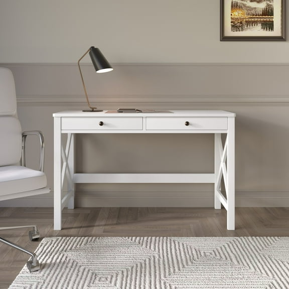Home Design Beatrice Writing Desk with Spacious Tabletop and Built-In Drawers, Timeless Clean-Lined Design for Bedroom, Home Office, or Study Nook, White