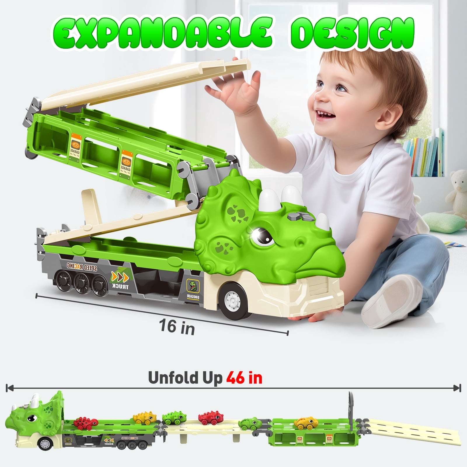 Gkcity Dinosaur Transport Truck Toy - Foldable Sliding Ramp, 6 Racing Cars, Lights & Sounds - 19 Pieces