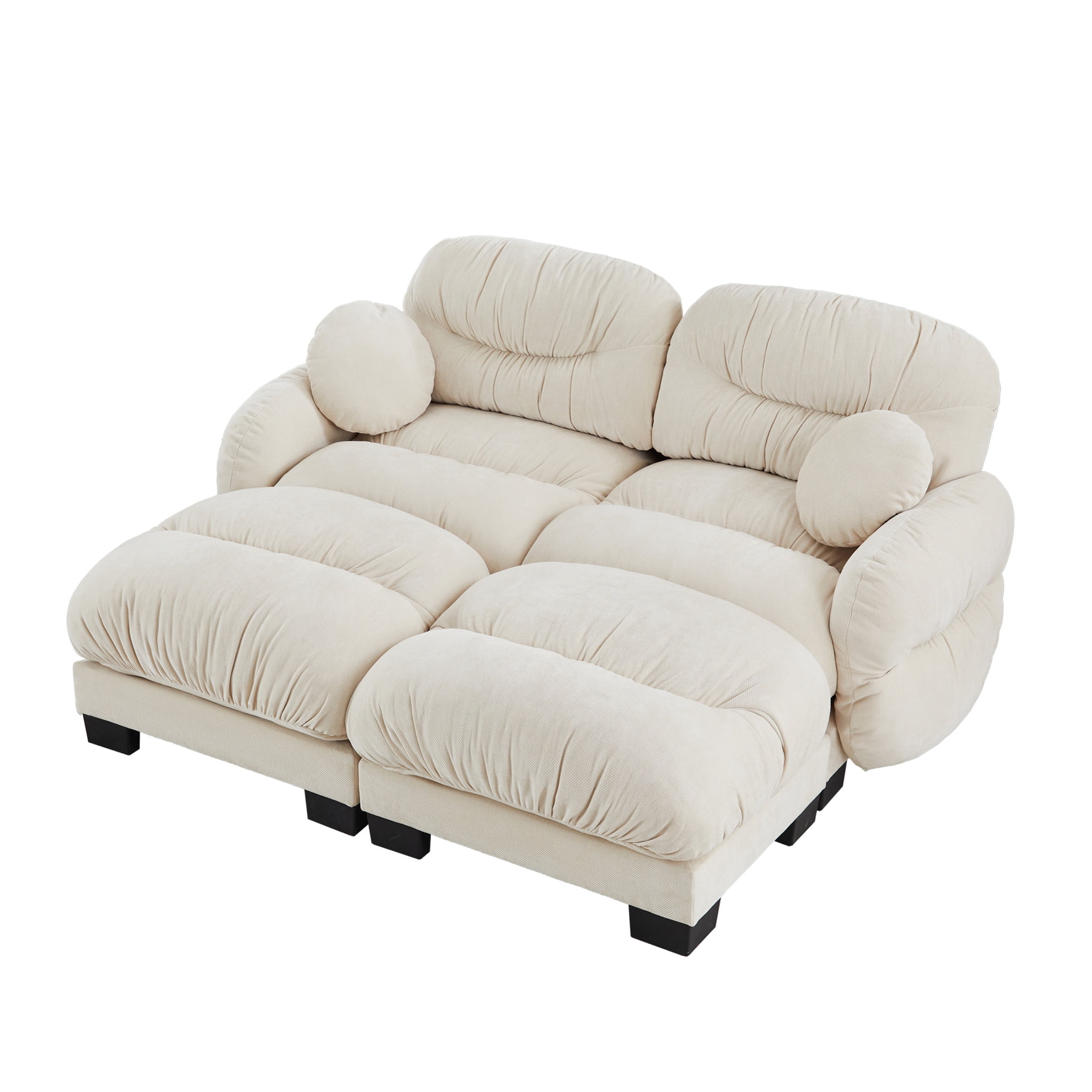 Noble House Corlan Pleated Chenille 2-Seater Sectional Sofa, Modular Deep Seat Couch with 2 Ottomans and Throw Pillows, Beige