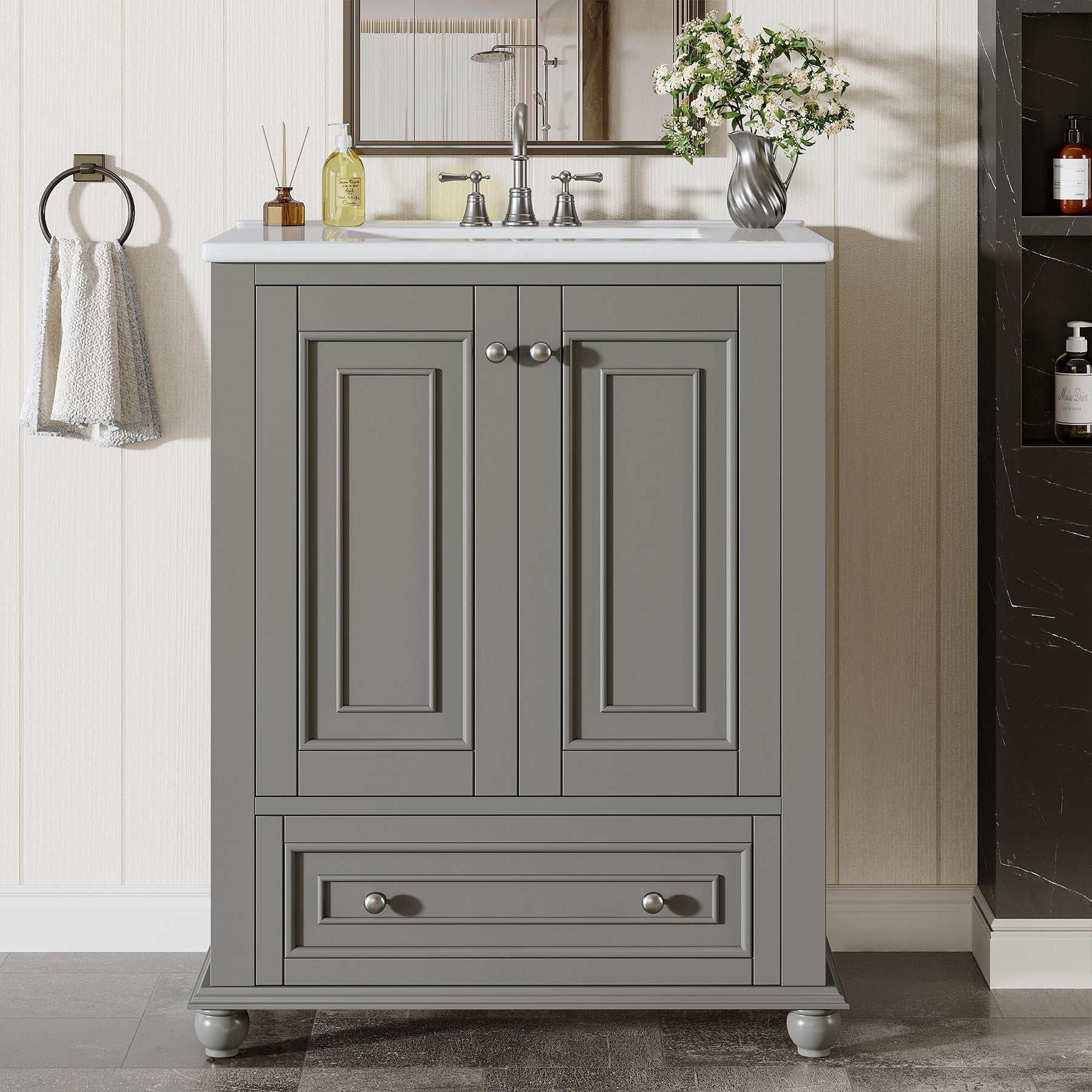Fnova 24" Bathroom Vanity with Ceramic Sink Combo Freestanding Bathroom Storage Cabinet with 2 Doors 1 Drawer Solid Wood Frame Soft Close Hinges Waterproof Coated Surface for Small Bathroom