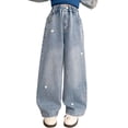 thumbnail image 2 of Girls Fashionable Embroidered Denim Jeans With Decorative Bow Detail Comfortable Straight And Wide Leg Trousers For Casual Wear, 2 of 9
