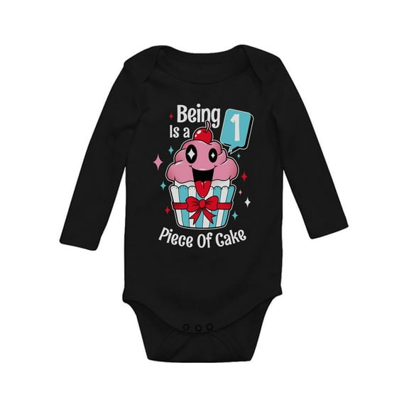 1 Year Old Baby Girl 1st Birthday Gift Cupcake Funny Baby Long Sleeve Bodysuit NB (0-3M) Black