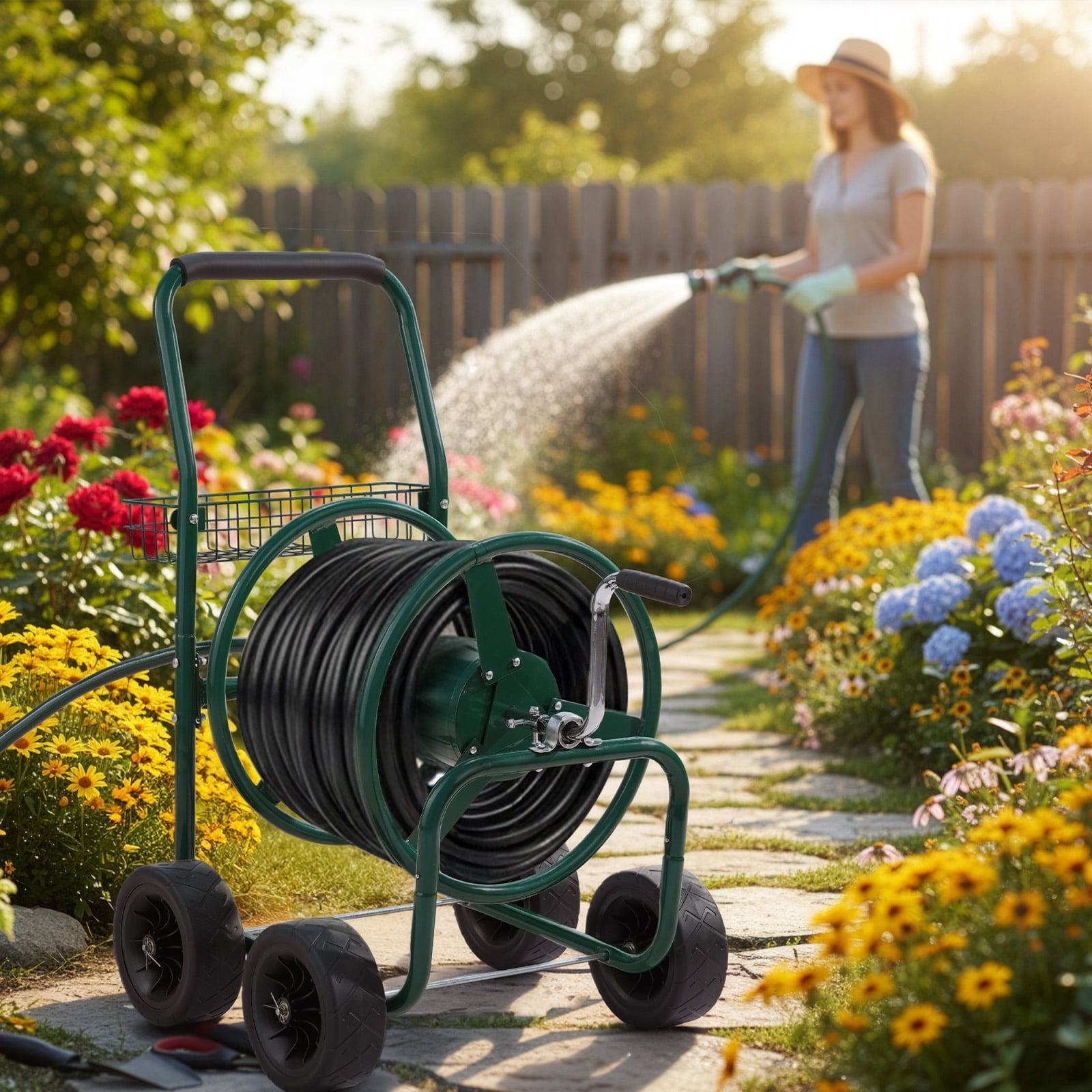 Garden Hose Reel Cart Holds 250ft Hose, Powder-Coated Steel Frame with Brass Fittings, 4-Wheel Mobile Design, Storage Basket, Outdoor Watering Cart for Yard Lawn Patio